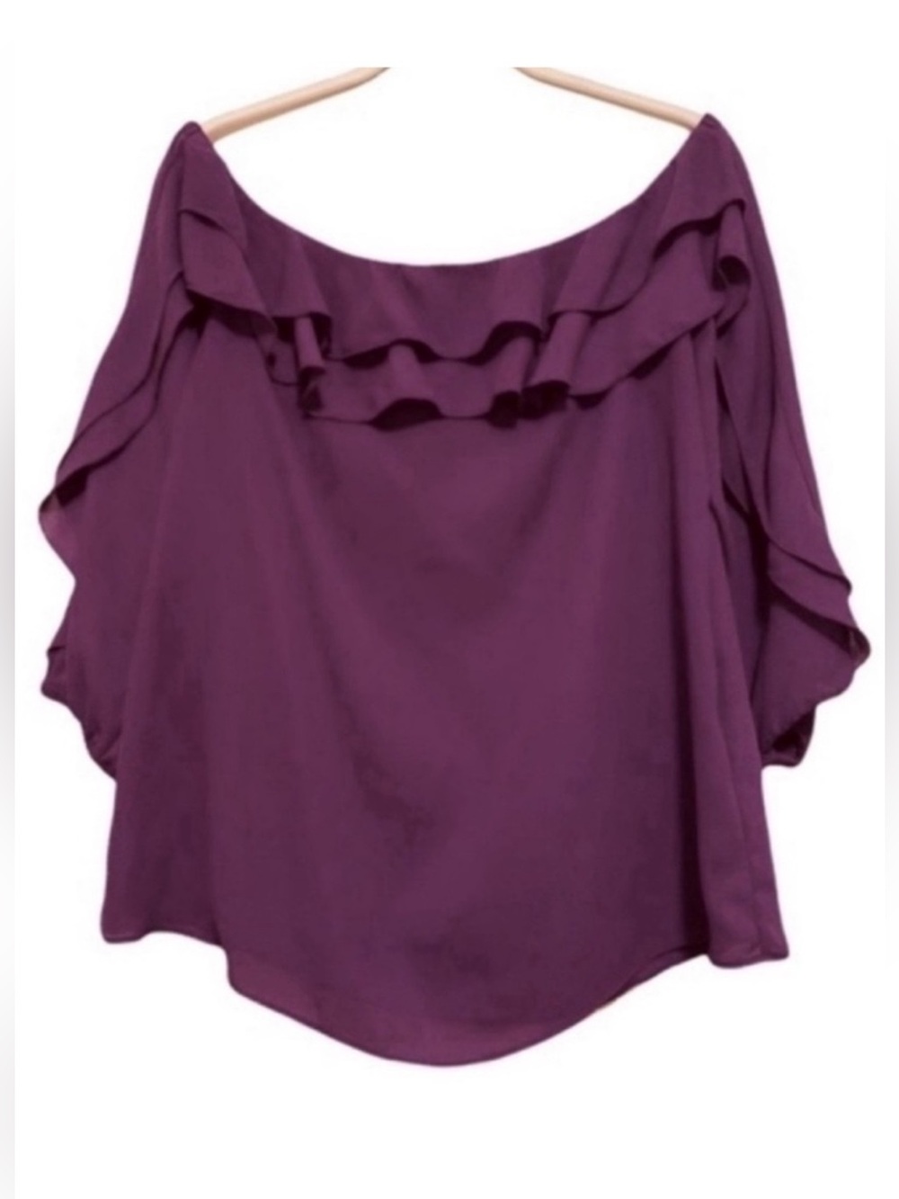 INC Ruffle Neckline Blouse Off the Shoulder Draping Sleeves Purple Size M